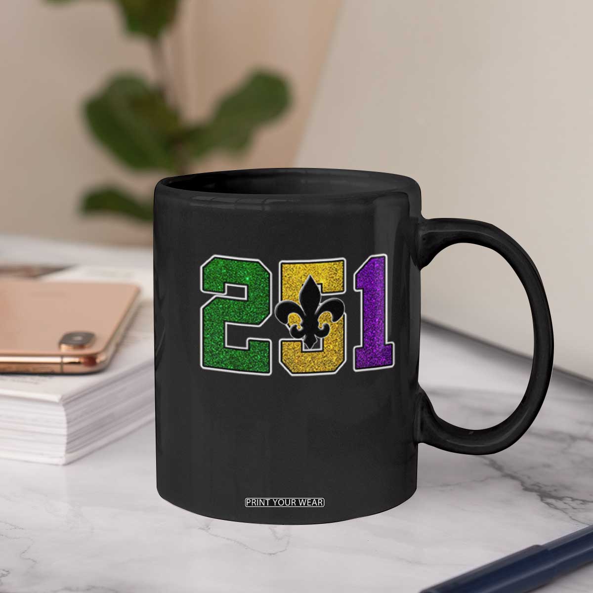 Funny Mardi Gras Mobile Alabama Coffee Mug 251 Area Code Glitter Print Fleur De Lis TS11 Print Your Wear