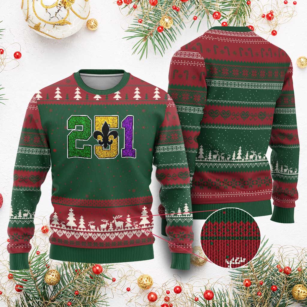 Funny Mardi Gras Mobile Alabama Ugly Christmas Sweater 251 Area Code Glitter Print Fleur De Lis TS11 Red Green Print Your Wear