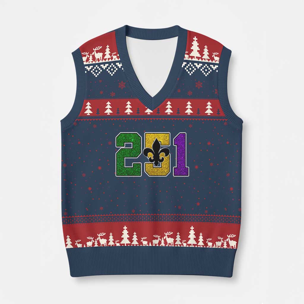 Funny Mardi Gras Mobile Alabama V-Neck Knit Sweater Vest 251 Area Code Glitter Print Fleur De Lis TS11 Navy Red Print Your Wear