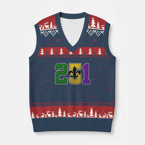 Funny Mardi Gras Mobile Alabama V-Neck Knit Sweater Vest 251 Area Code Glitter Print Fleur De Lis TS11 Navy Red Print Your Wear