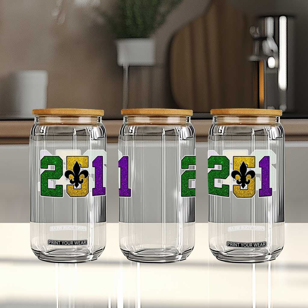 Funny Mardi Gras Mobile Alabama Glass Can 251 Area Code Glitter Print Fleur De Lis TS11 Print Your Wear