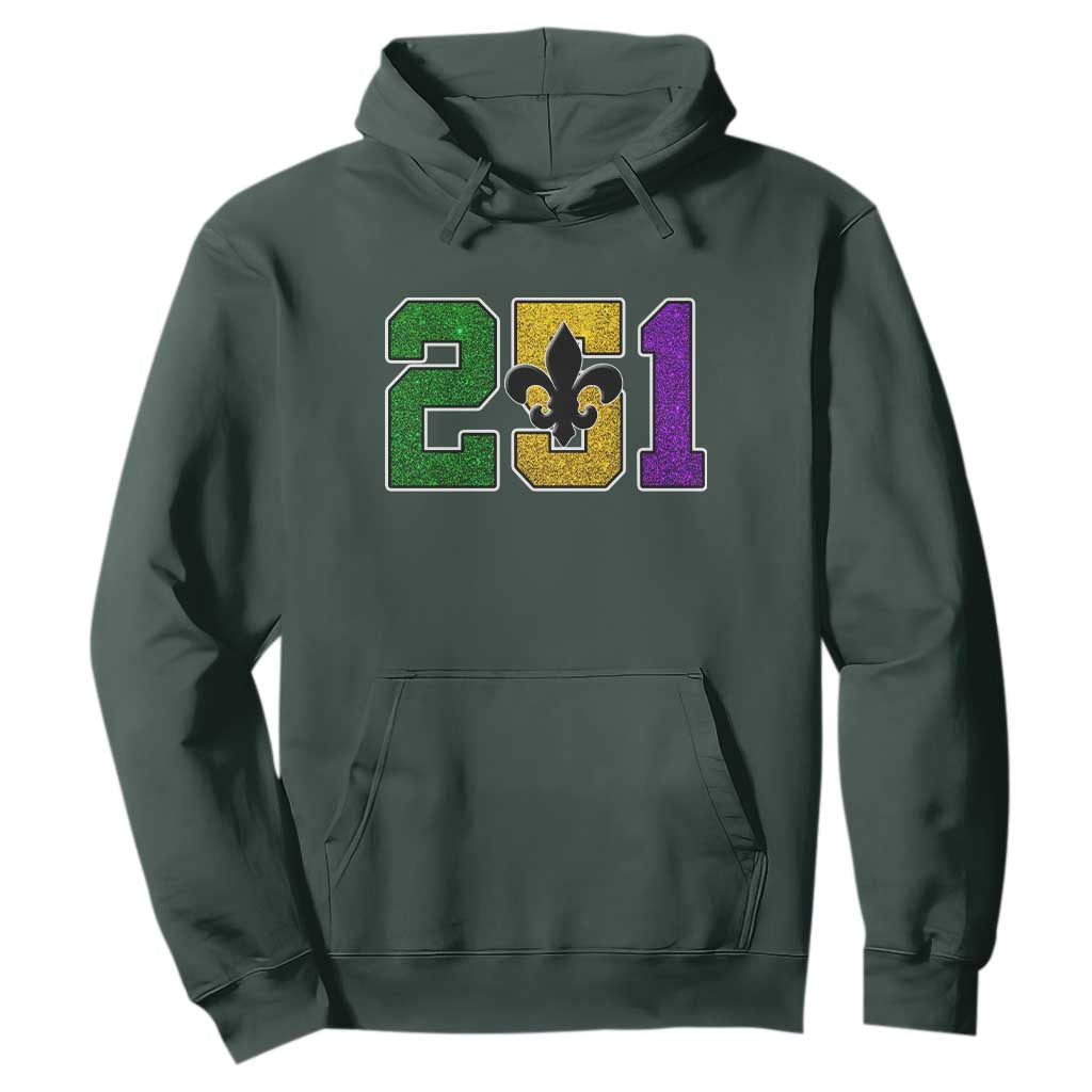 Funny Mardi Gras Mobile Alabama Hoodie 251 Area Code Glitter Print Fleur De Lis TS11 Dark Forest Green Print Your Wear