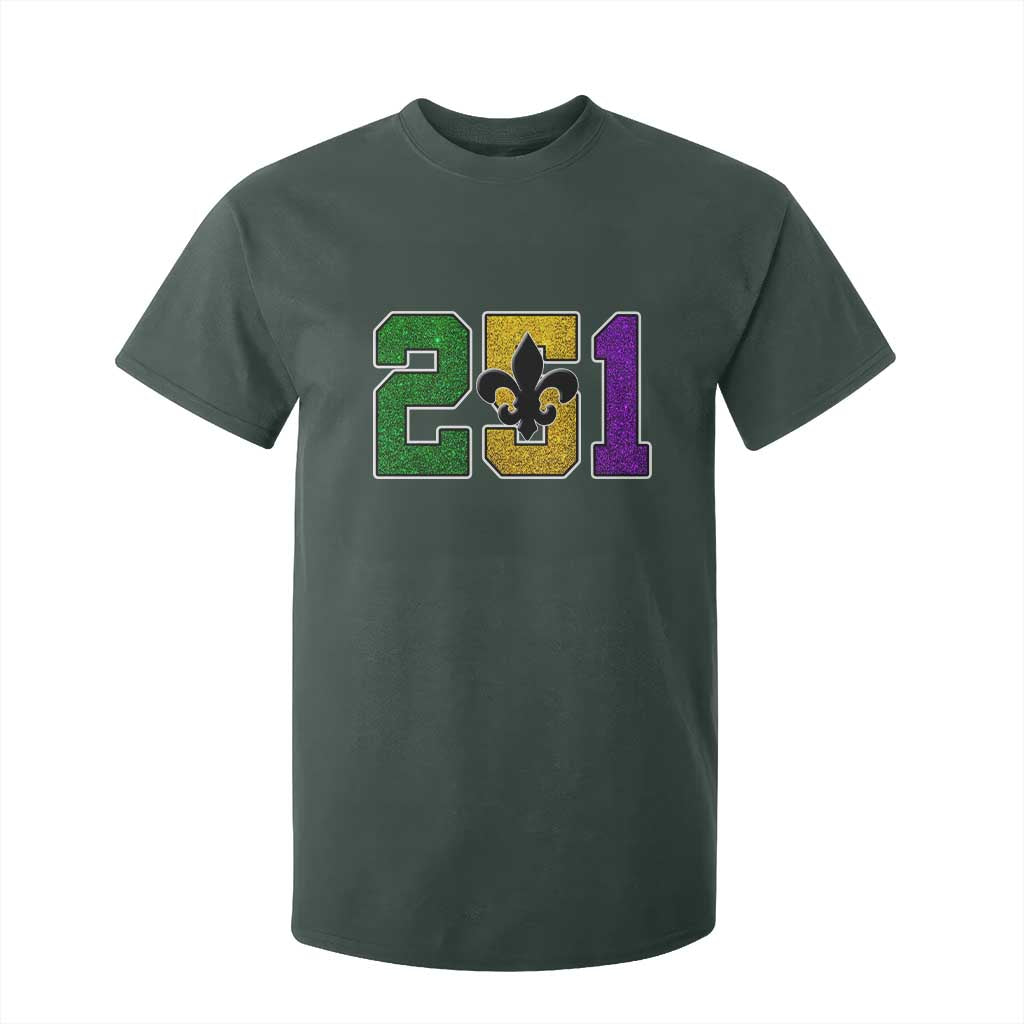 Funny Mardi Gras Mobile Alabama T Shirt For Kid 251 Area Code Glitter Print Fleur De Lis TS11 Dark Forest Green Print Your Wear