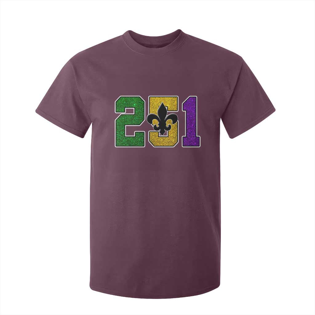 Funny Mardi Gras Mobile Alabama T Shirt For Kid 251 Area Code Glitter Print Fleur De Lis TS11 Maroon Print Your Wear