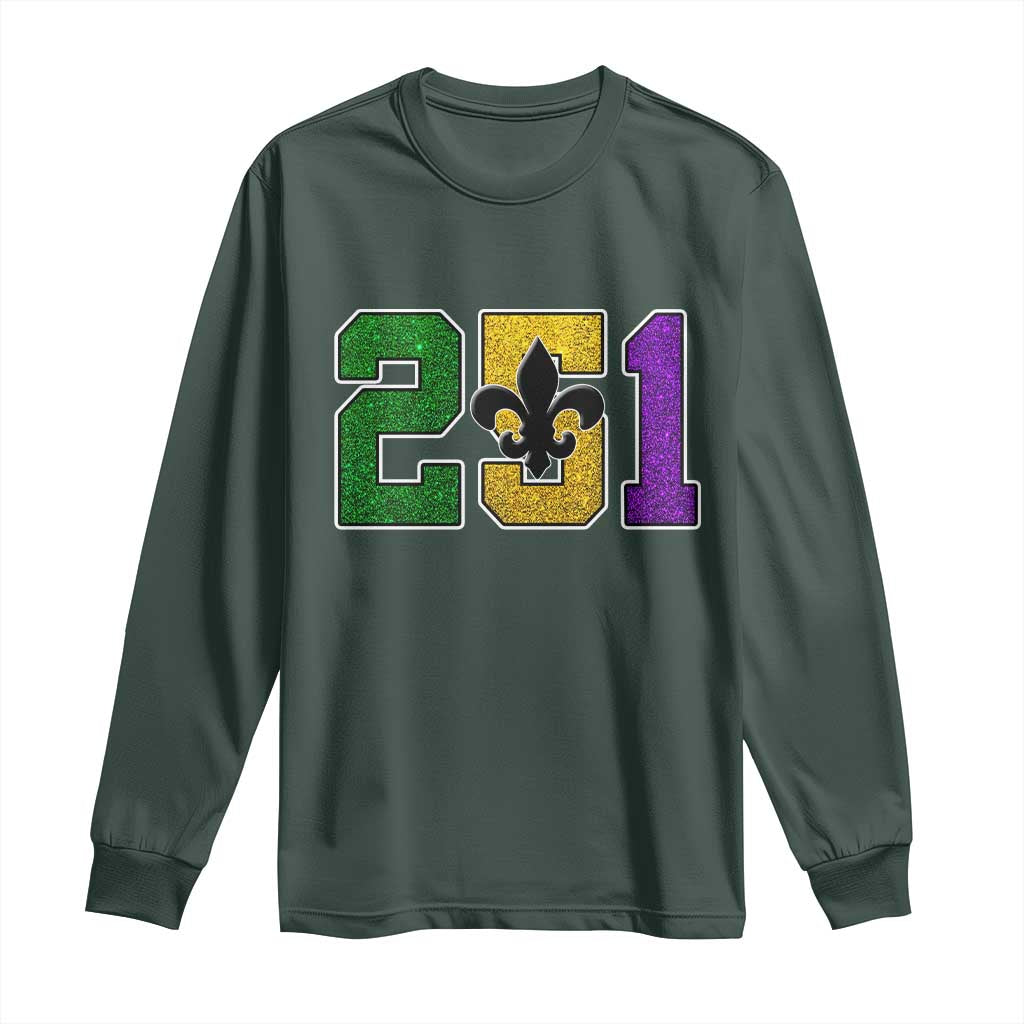 Funny Mardi Gras Mobile Alabama Long Sleeve Shirt 251 Area Code Glitter Print Fleur De Lis TS11 Dark Forest Green Print Your Wear