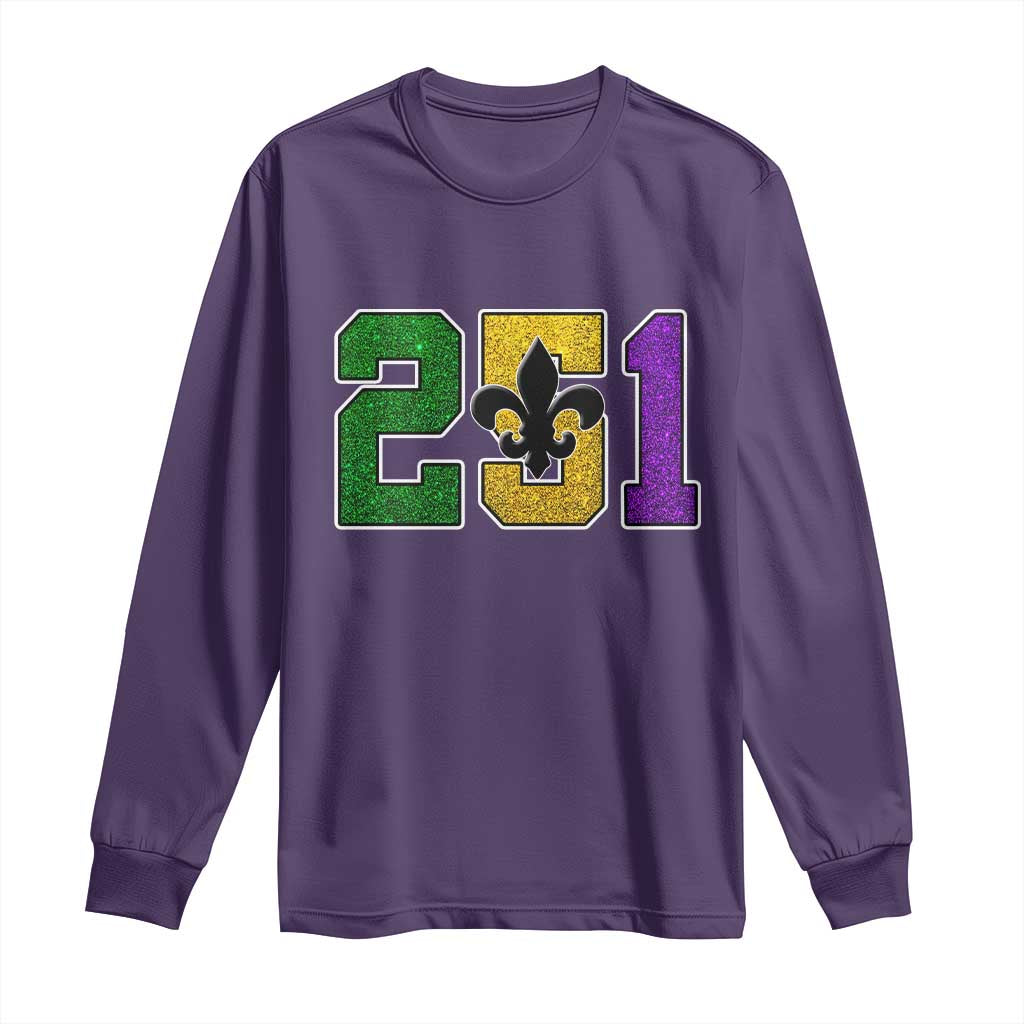 Funny Mardi Gras Mobile Alabama Long Sleeve Shirt 251 Area Code Glitter Print Fleur De Lis TS11 Purple Print Your Wear