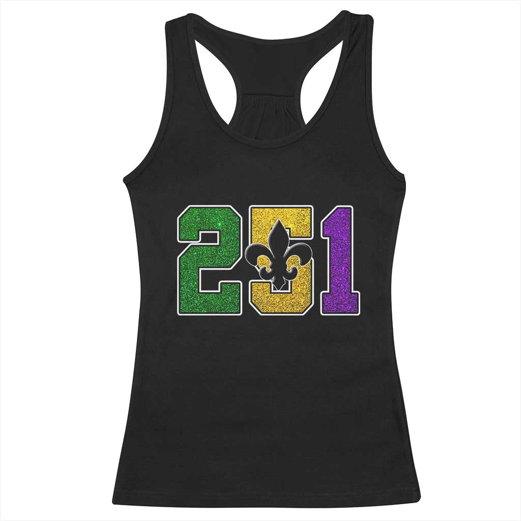 Funny Mardi Gras Mobile Alabama Racerback Tank Top 251 Area Code Glitter Print Fleur De Lis TS11 Black Print Your Wear