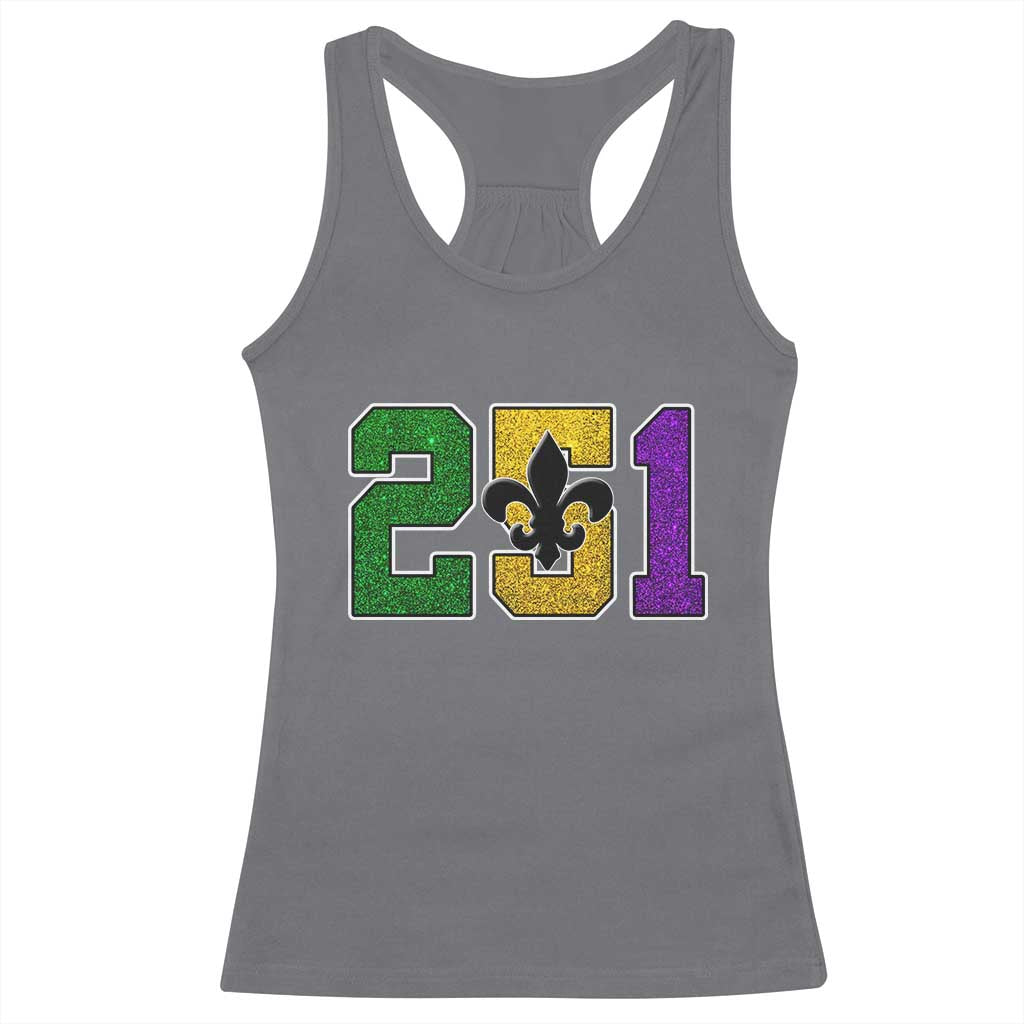 Funny Mardi Gras Mobile Alabama Racerback Tank Top 251 Area Code Glitter Print Fleur De Lis TS11 Charcoal Print Your Wear