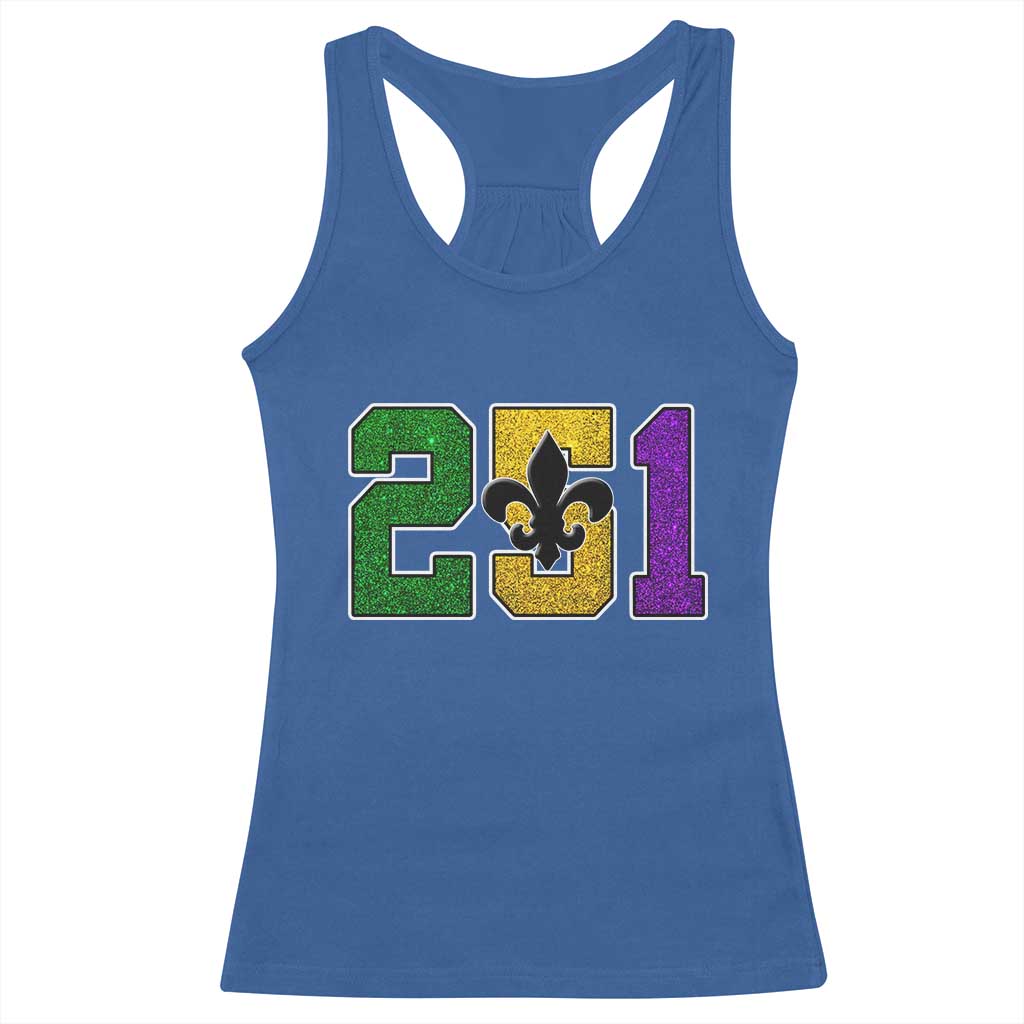 Funny Mardi Gras Mobile Alabama Racerback Tank Top 251 Area Code Glitter Print Fleur De Lis TS11 Royal Blue Print Your Wear