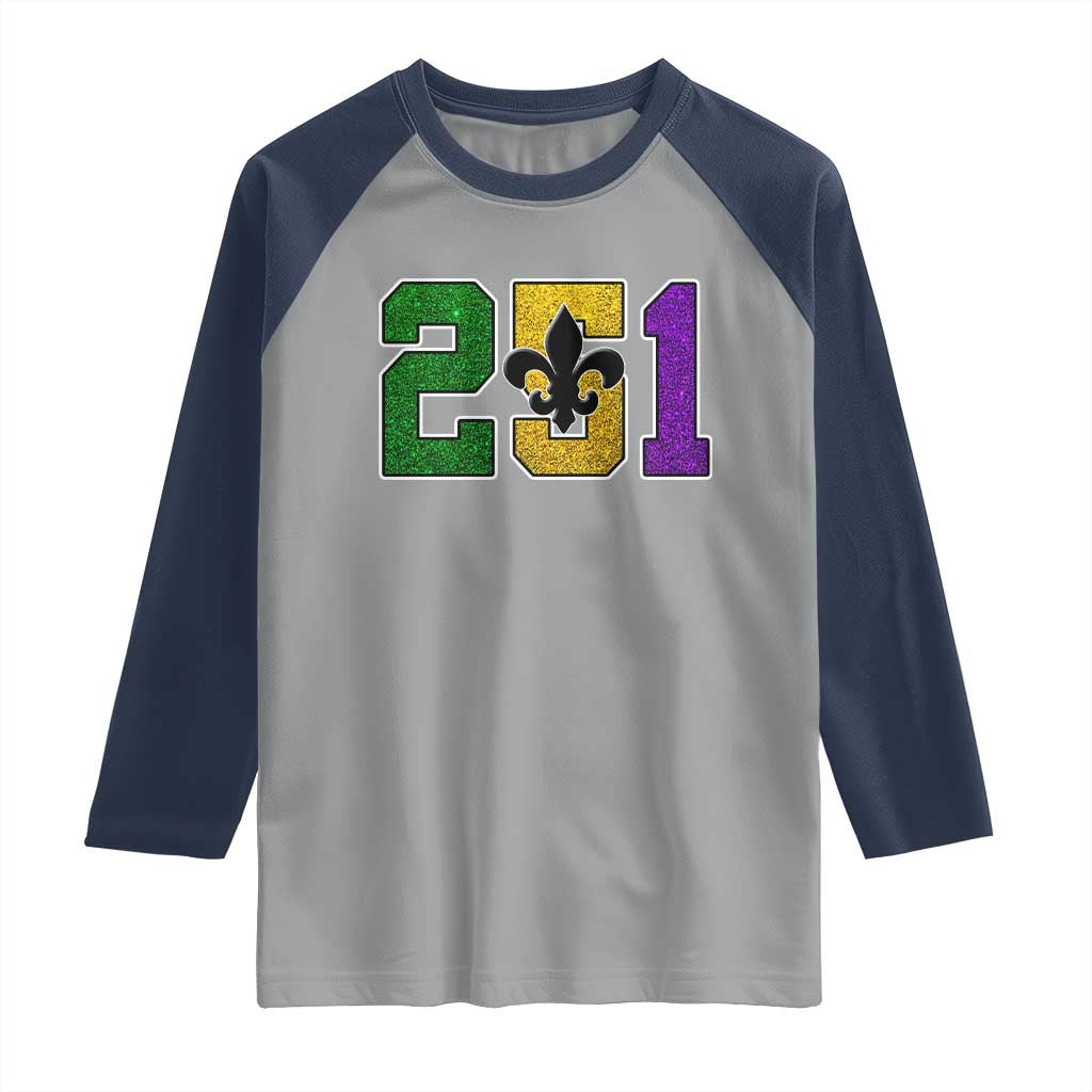 Funny Mardi Gras Mobile Alabama Raglan Shirt 251 Area Code Glitter Print Fleur De Lis TS11 Sport Gray Navy Print Your Wear