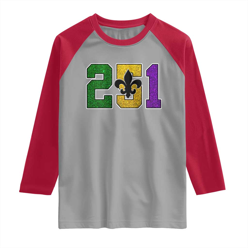 Funny Mardi Gras Mobile Alabama Raglan Shirt 251 Area Code Glitter Print Fleur De Lis TS11 Sport Gray Red Print Your Wear