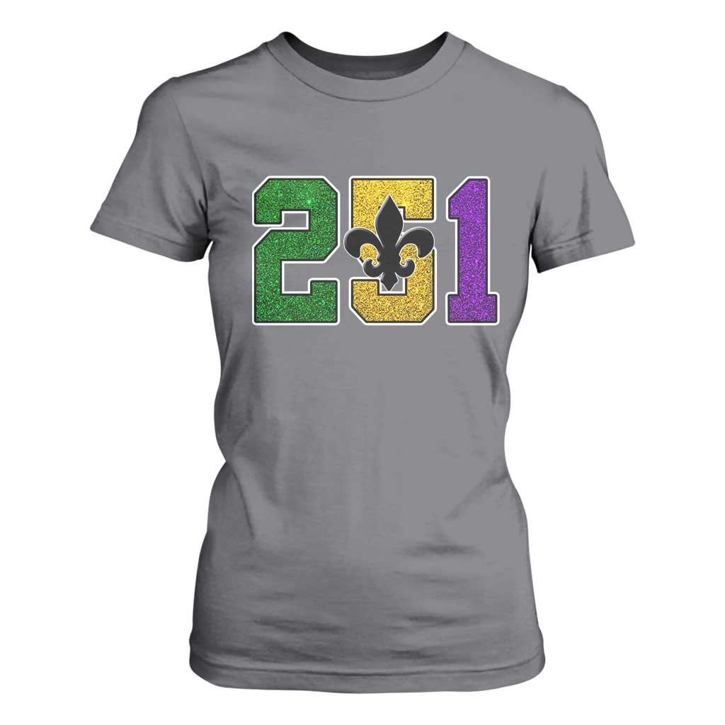 Funny Mardi Gras Mobile Alabama T Shirt For Women 251 Area Code Glitter Print Fleur De Lis TS11 Charcoal Print Your Wear
