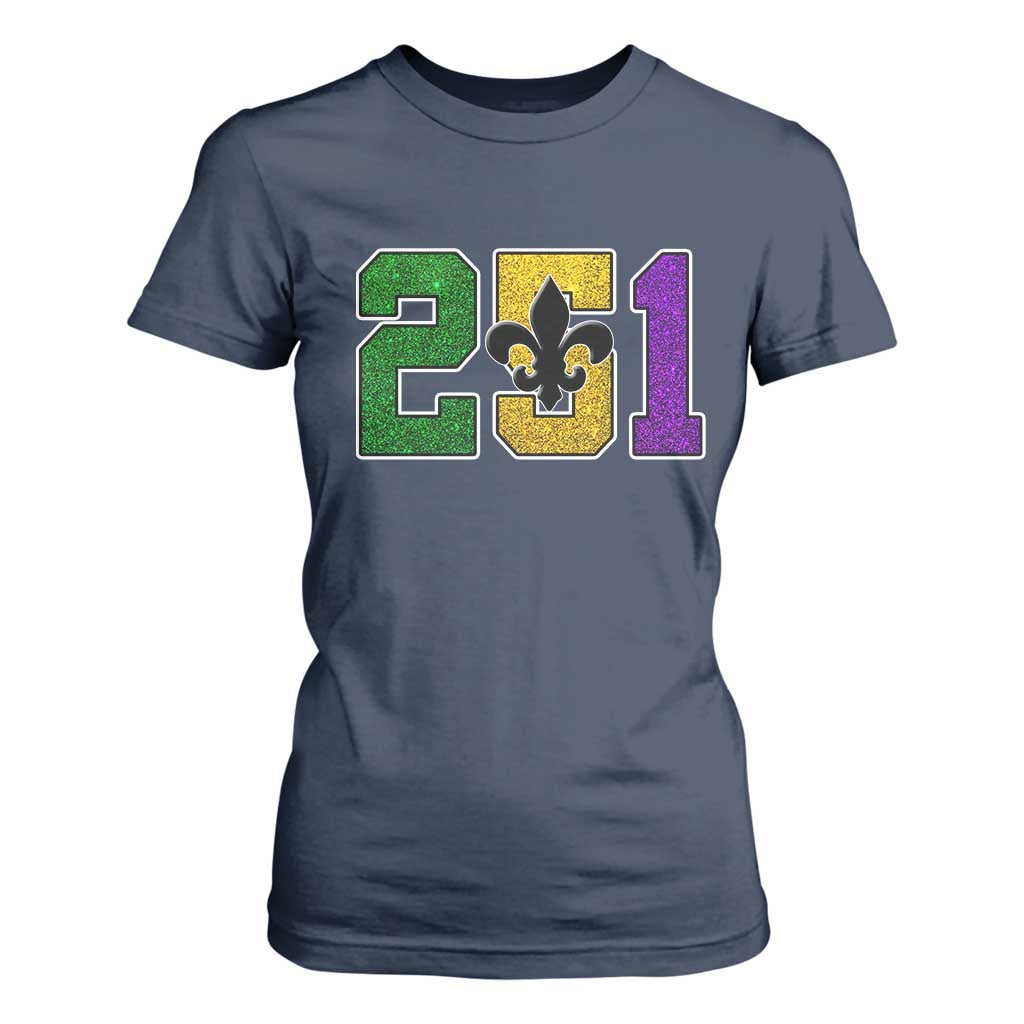 Funny Mardi Gras Mobile Alabama T Shirt For Women 251 Area Code Glitter Print Fleur De Lis TS11 Navy Print Your Wear