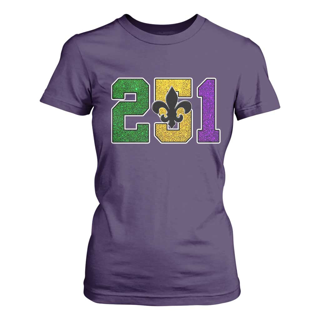 Funny Mardi Gras Mobile Alabama T Shirt For Women 251 Area Code Glitter Print Fleur De Lis TS11 Purple Print Your Wear
