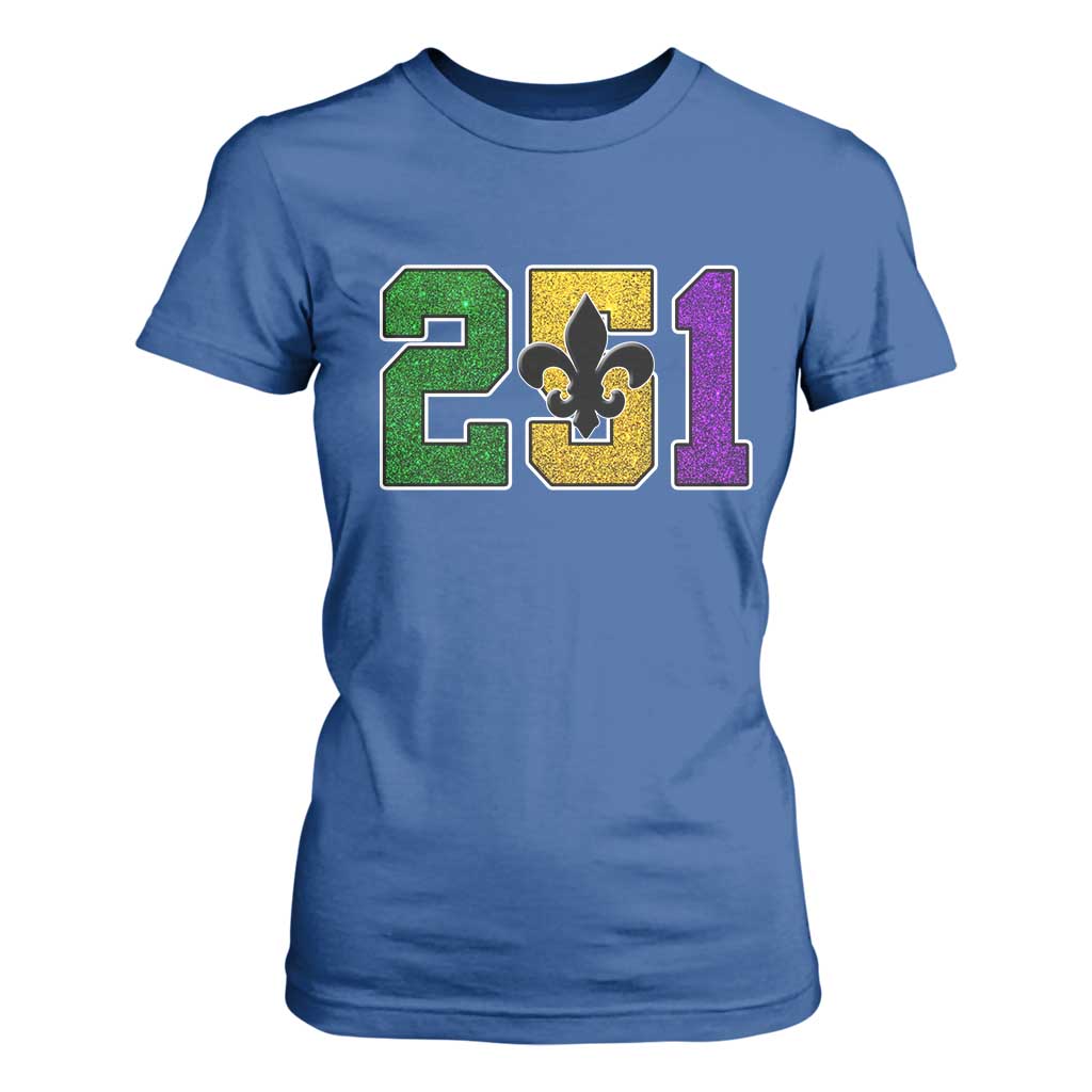 Funny Mardi Gras Mobile Alabama T Shirt For Women 251 Area Code Glitter Print Fleur De Lis TS11 Royal Blue Print Your Wear