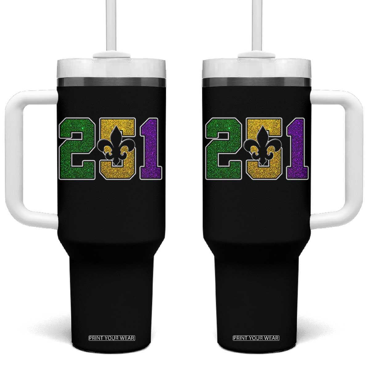 Funny Mardi Gras Mobile Alabama Tumbler With Handle 251 Area Code Glitter Print Fleur De Lis TS11 One Size: 40 oz Black Print Your Wear