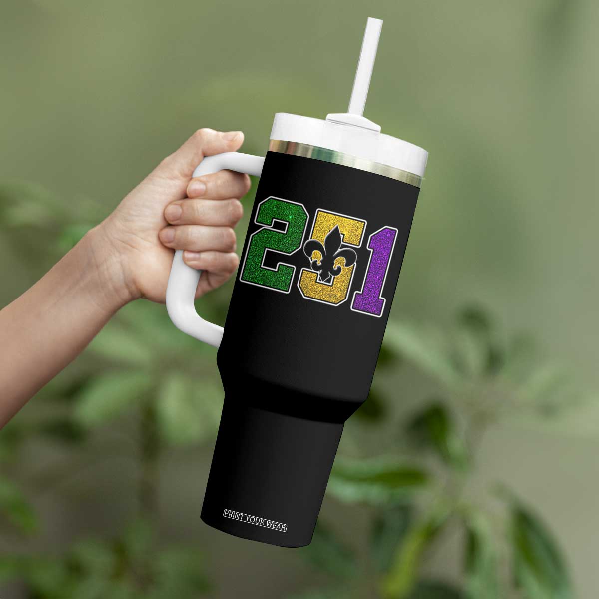 Funny Mardi Gras Mobile Alabama Tumbler With Handle 251 Area Code Glitter Print Fleur De Lis TS11 Print Your Wear