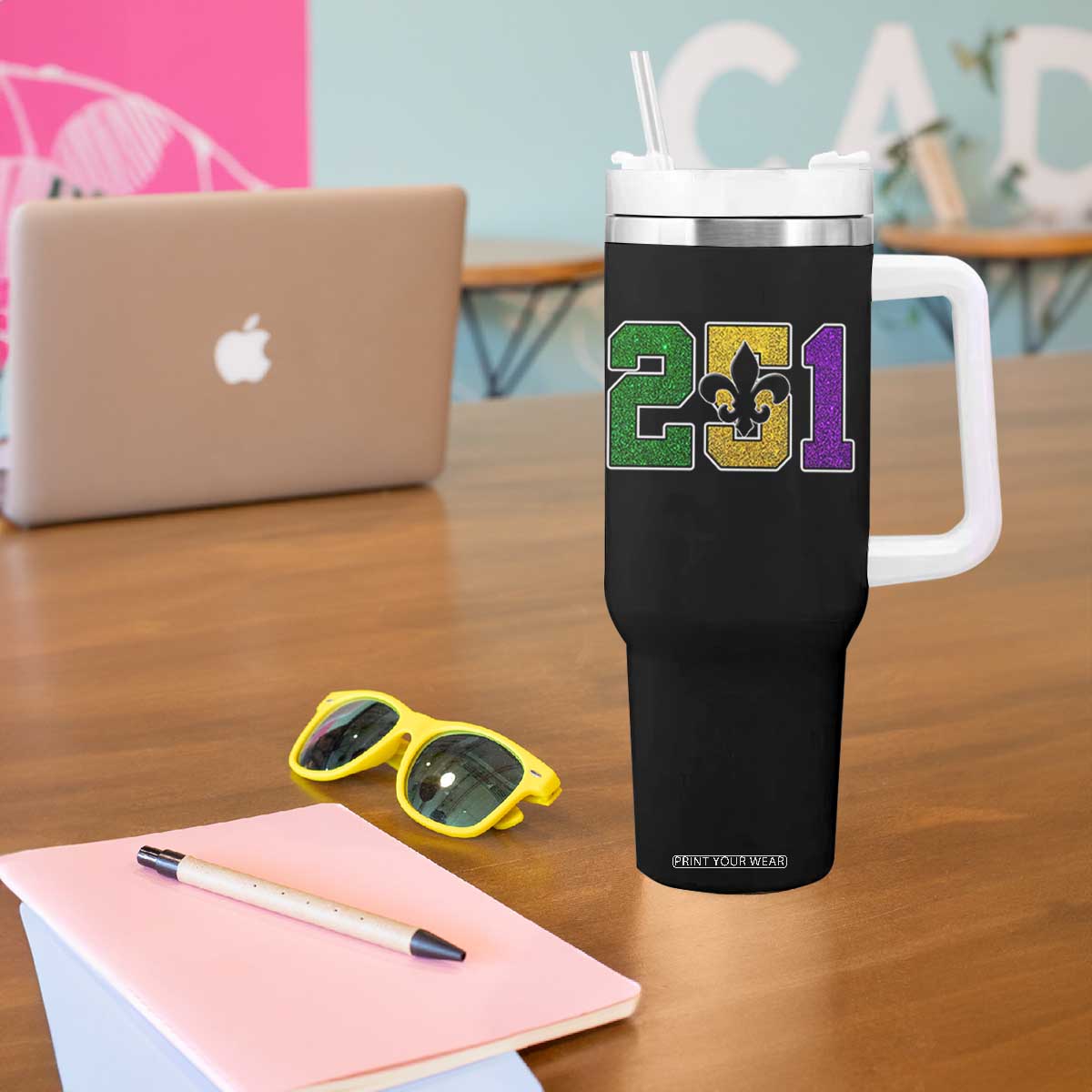 Funny Mardi Gras Mobile Alabama Tumbler With Handle 251 Area Code Glitter Print Fleur De Lis TS11 Print Your Wear
