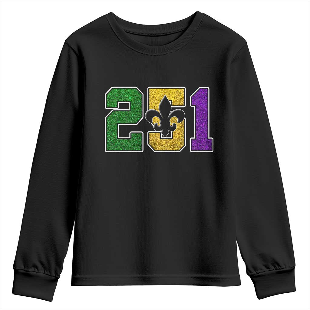 Funny Mardi Gras Mobile Alabama Youth Sweatshirt 251 Area Code Glitter Print Fleur De Lis TS11 Black Print Your Wear