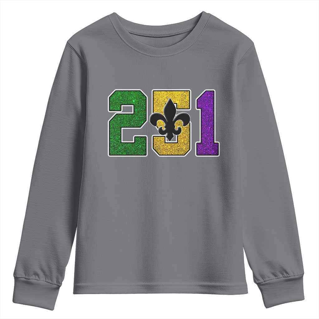 Funny Mardi Gras Mobile Alabama Youth Sweatshirt 251 Area Code Glitter Print Fleur De Lis TS11 Charcoal Print Your Wear