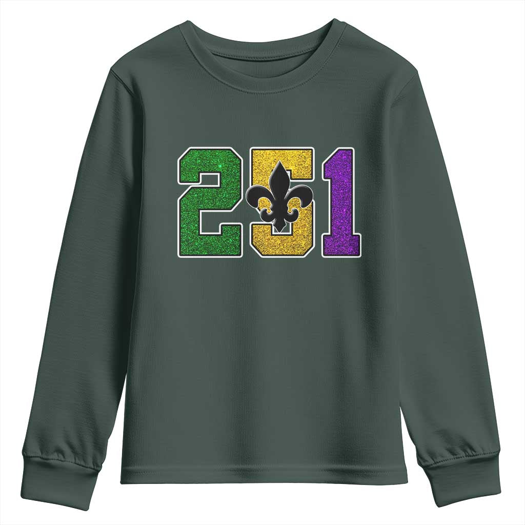 Funny Mardi Gras Mobile Alabama Youth Sweatshirt 251 Area Code Glitter Print Fleur De Lis TS11 Dark Forest Green Print Your Wear