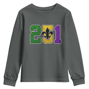 Funny Mardi Gras Mobile Alabama Youth Sweatshirt 251 Area Code Glitter Print Fleur De Lis TS11 Dark Heather Print Your Wear