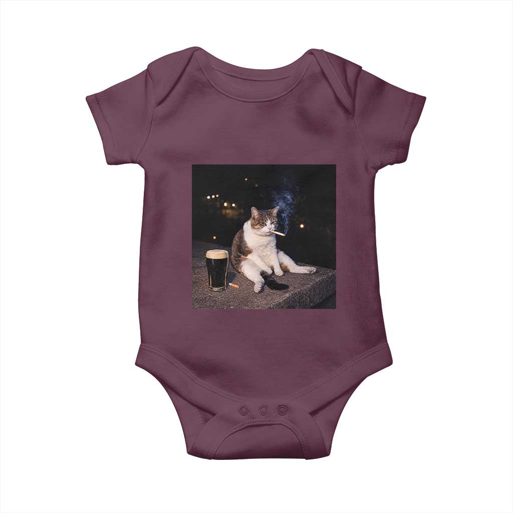 Funny Cigarette And Drinking Irish Stout Beer Cat Meme Baby Onesie TS11 Maroon Print Your Wear