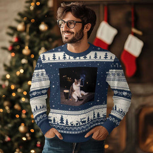 Funny Cigarette And Drinking Irish Stout Beer Cat Meme Ugly Christmas Sweater TS11 Navy Beige Print Your Wear