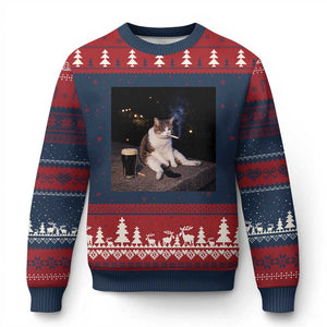 Funny Cigarette And Drinking Irish Stout Beer Cat Meme Ugly Christmas Sweater TS11 Navy Red Print Your Wear