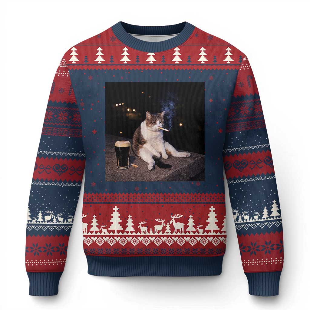 Funny Cigarette And Drinking Irish Stout Beer Cat Meme Ugly Christmas Sweater TS11 Navy Red Print Your Wear