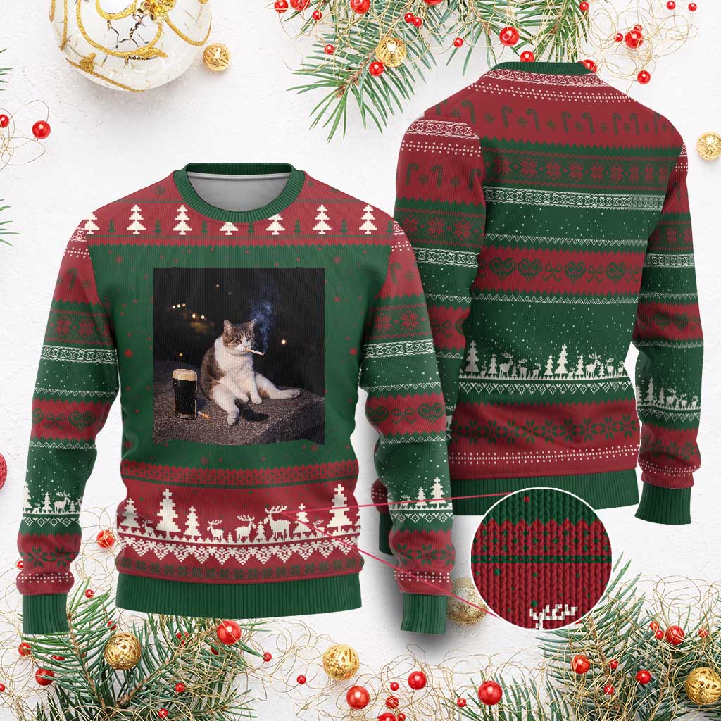 Funny Cigarette And Drinking Irish Stout Beer Cat Meme Ugly Christmas Sweater TS11 Red Green Print Your Wear
