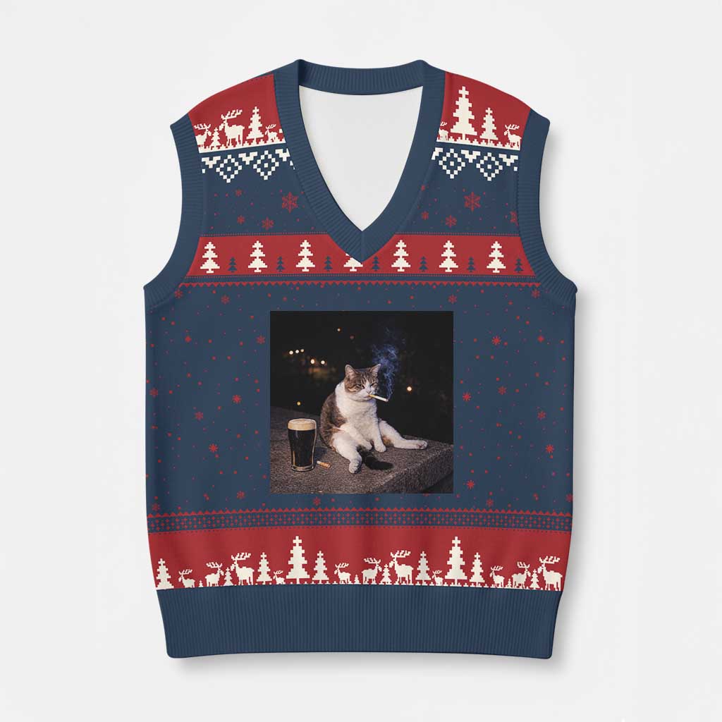 Funny Cigarette And Drinking Irish Stout Beer Cat Meme V-Neck Knit Sweater Vest TS11 Navy Red Print Your Wear