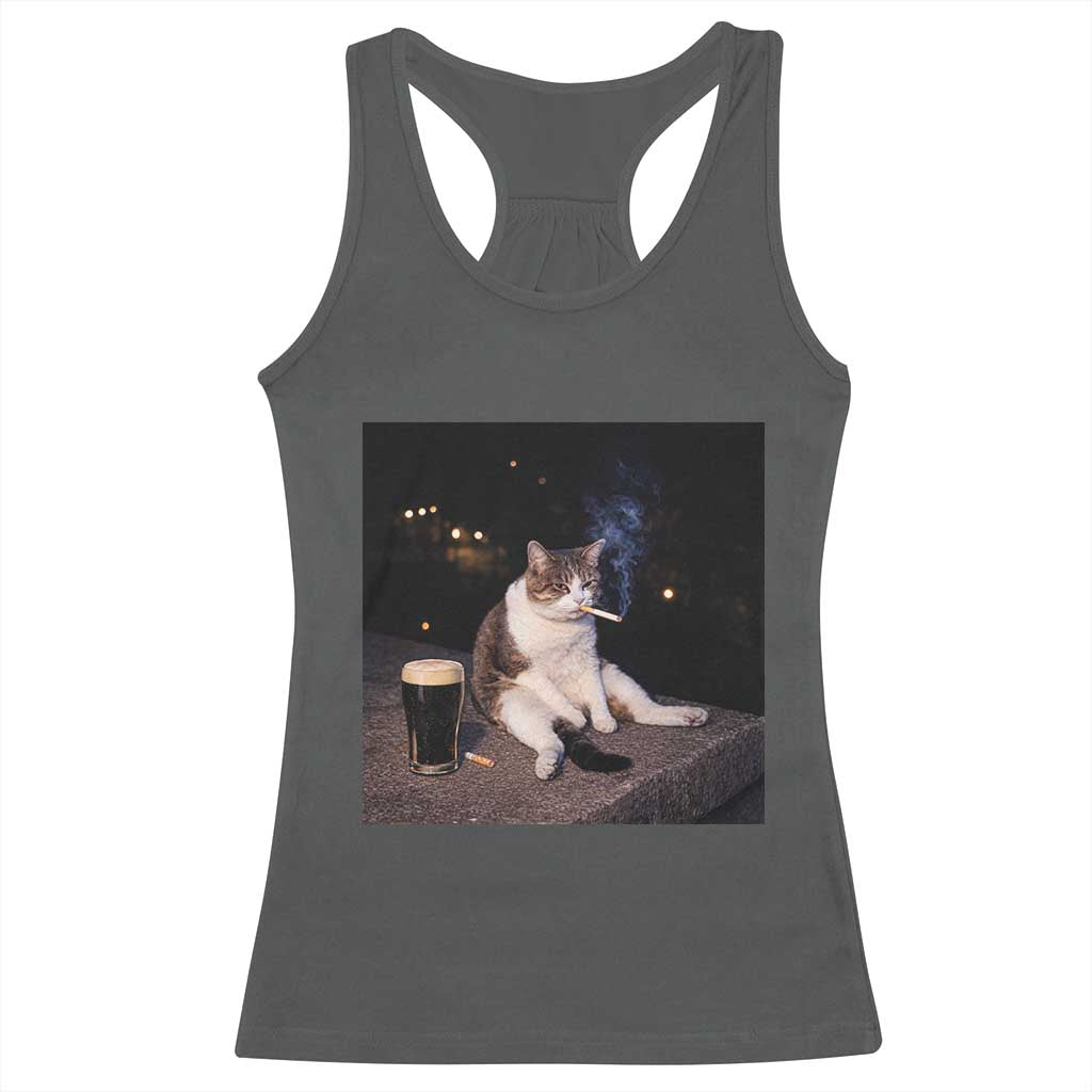 Funny Cigarette And Drinking Irish Stout Beer Cat Meme Racerback Tank Top TS11 Dark Heather Print Your Wear