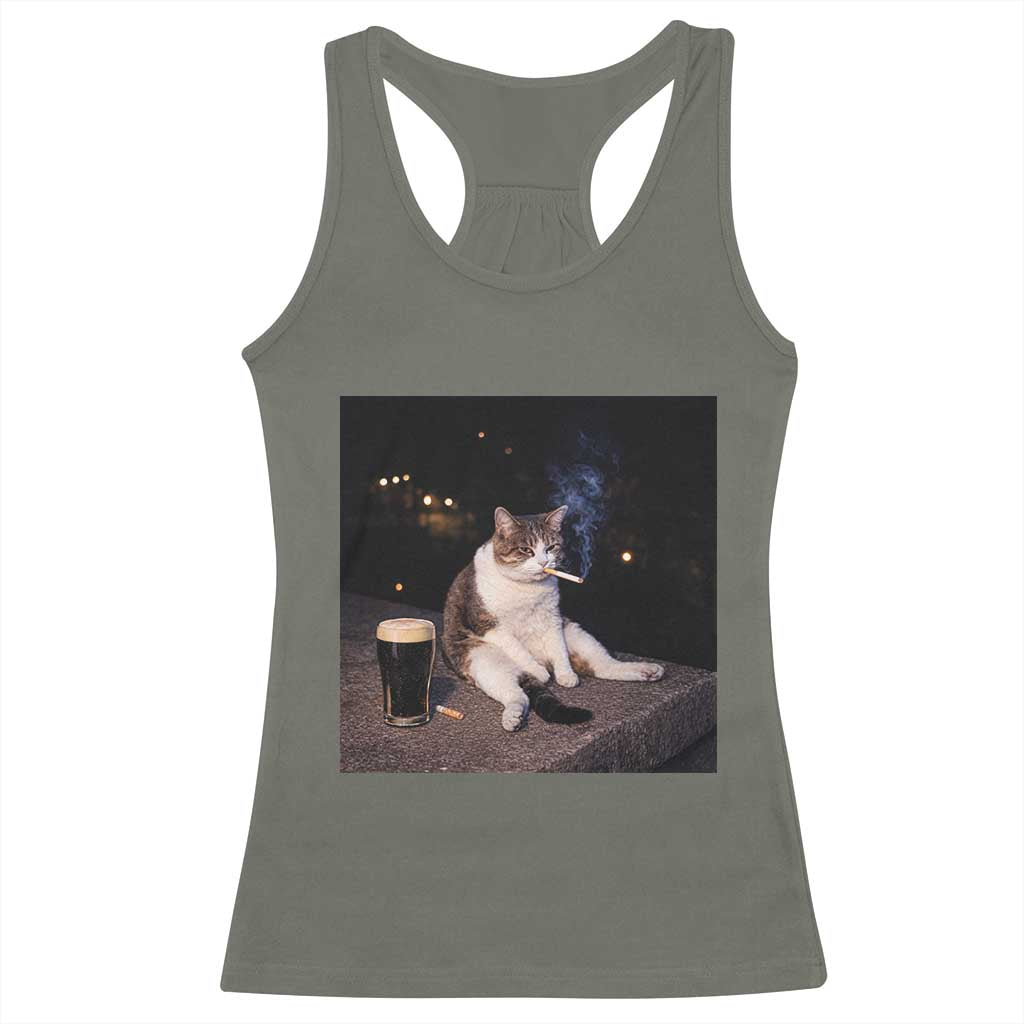Funny Cigarette And Drinking Irish Stout Beer Cat Meme Racerback Tank Top TS11 Military Green Print Your Wear