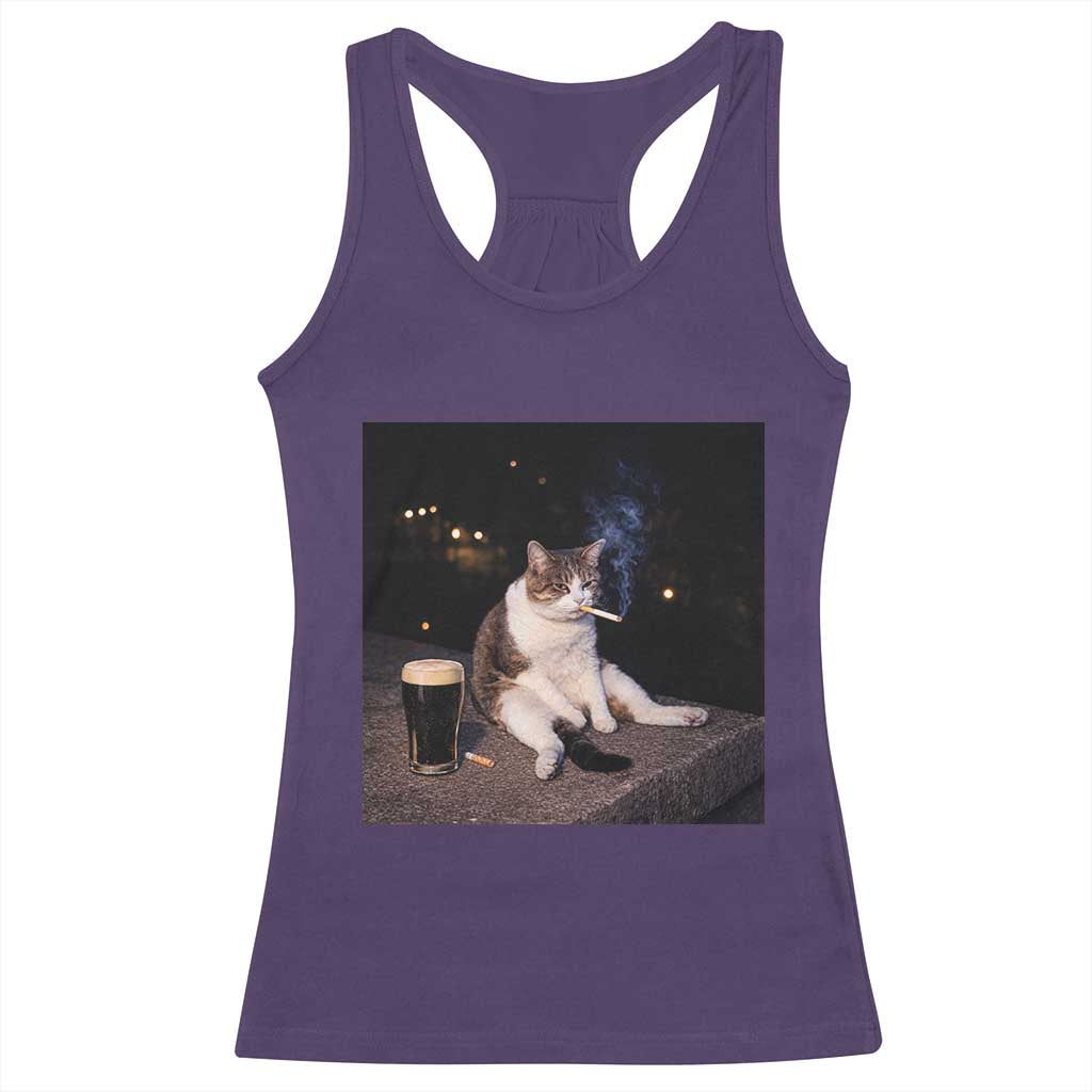Funny Cigarette And Drinking Irish Stout Beer Cat Meme Racerback Tank Top TS11 Purple Print Your Wear