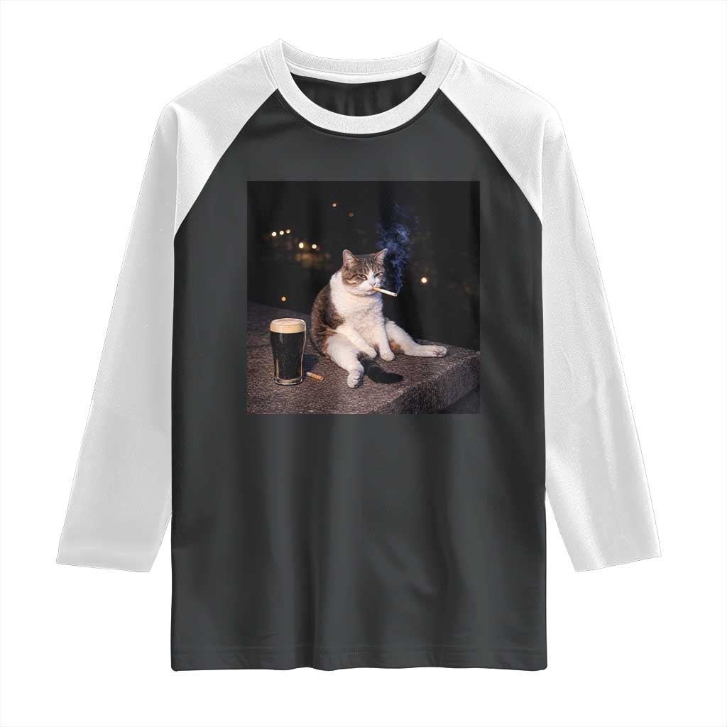 Funny Cigarette And Drinking Irish Stout Beer Cat Meme Raglan Shirt TS11 Black White Print Your Wear