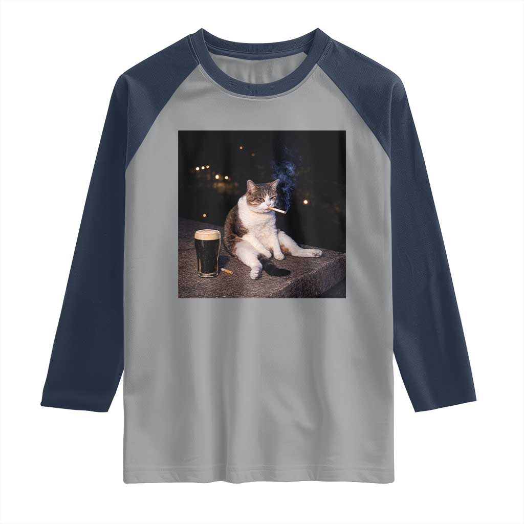 Funny Cigarette And Drinking Irish Stout Beer Cat Meme Raglan Shirt TS11 Sport Gray Navy Print Your Wear