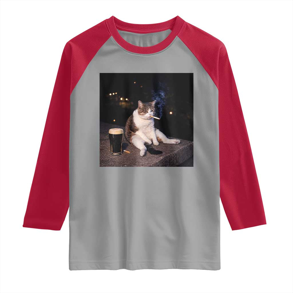 Funny Cigarette And Drinking Irish Stout Beer Cat Meme Raglan Shirt TS11 Sport Gray Red Print Your Wear