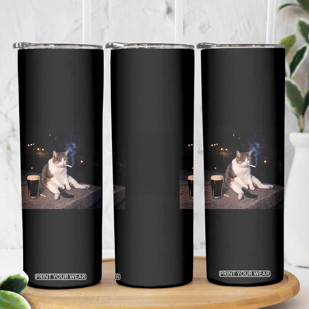 Funny Cigarette And Drinking Irish Stout Beer Cat Meme Skinny Tumbler TS11 Print Your Wear