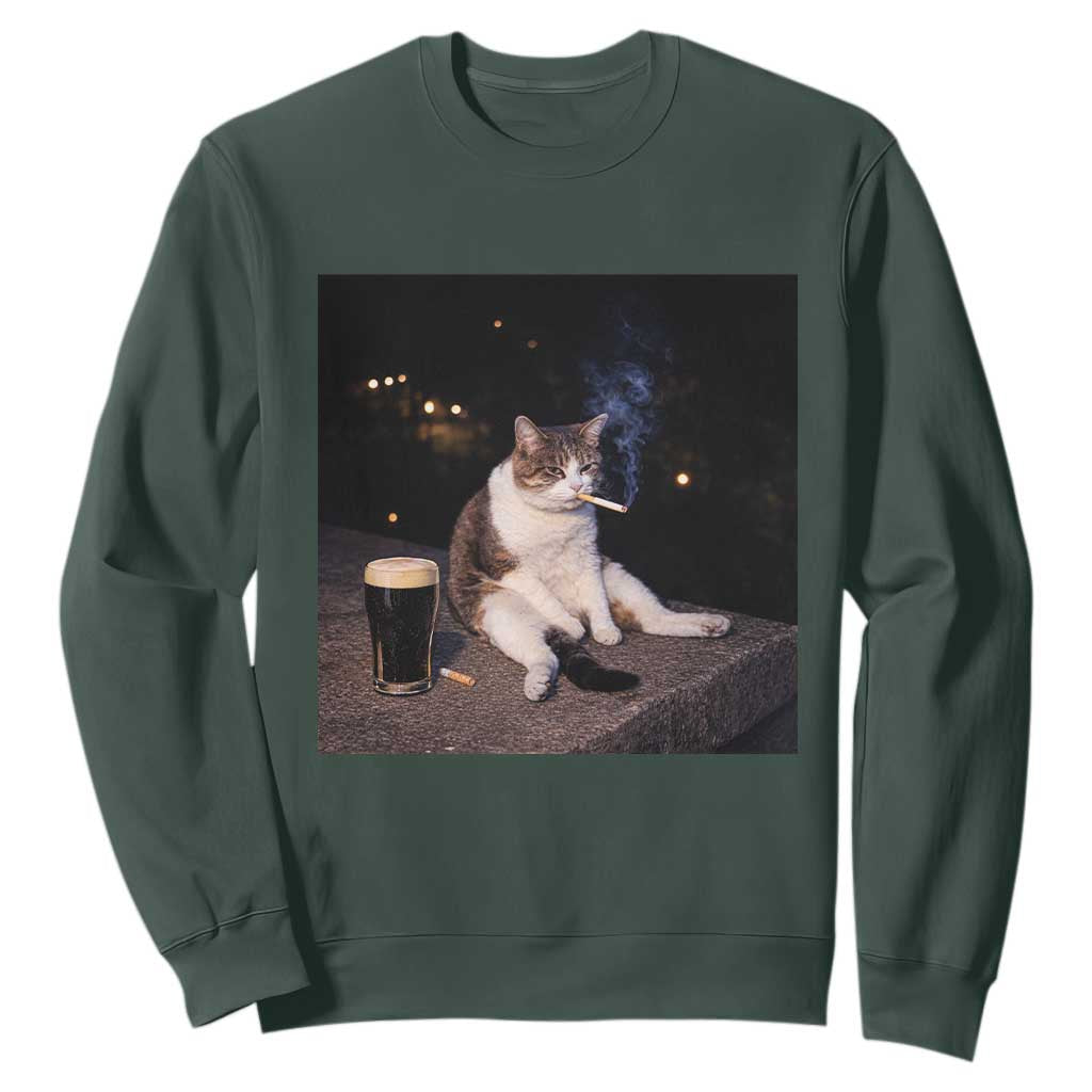 Funny Cigarette And Drinking Irish Stout Beer Cat Meme Sweatshirt TS11 Dark Forest Green Print Your Wear