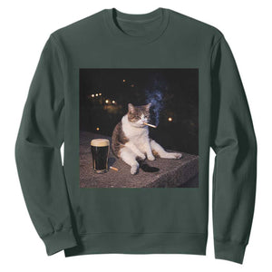 Funny Cigarette And Drinking Irish Stout Beer Cat Meme Sweatshirt TS11 Dark Forest Green Print Your Wear