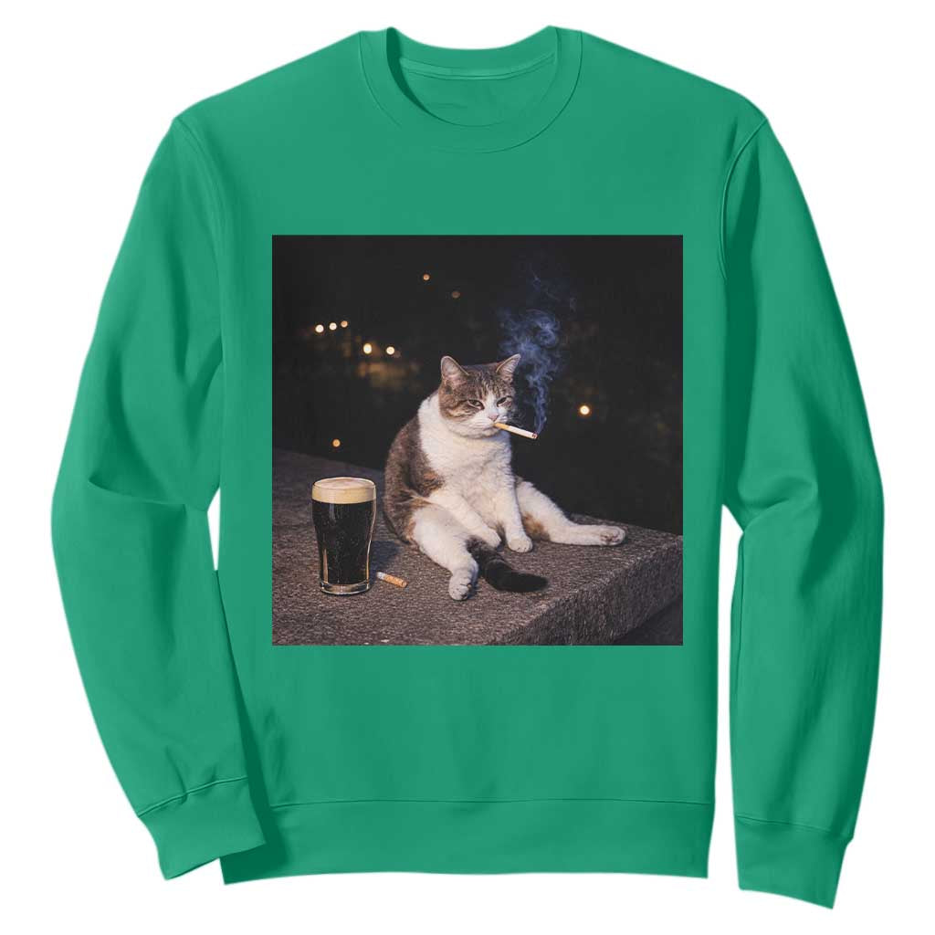Funny Cigarette And Drinking Irish Stout Beer Cat Meme Sweatshirt TS11 Irish Green Print Your Wear