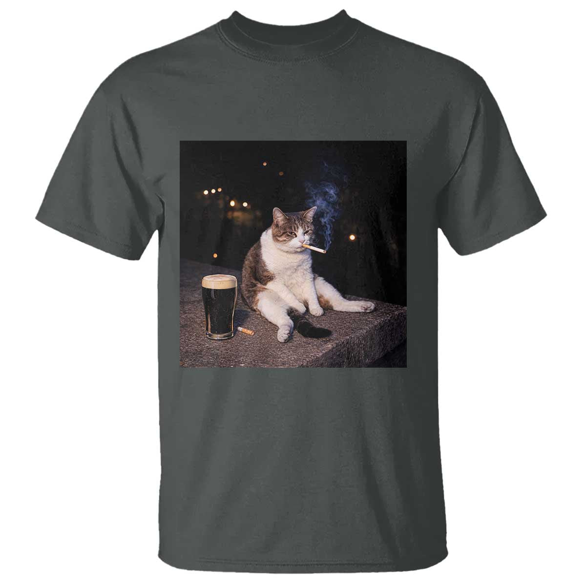 Funny Cigarette And Drinking Irish Stout Beer Cat Meme T Shirt TS11 Dark Heather Print Your Wear