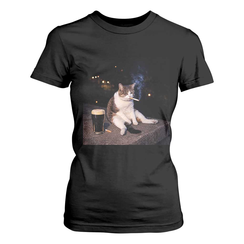 Funny Cigarette And Drinking Irish Stout Beer Cat Meme T Shirt For Women TS11 Black Print Your Wear