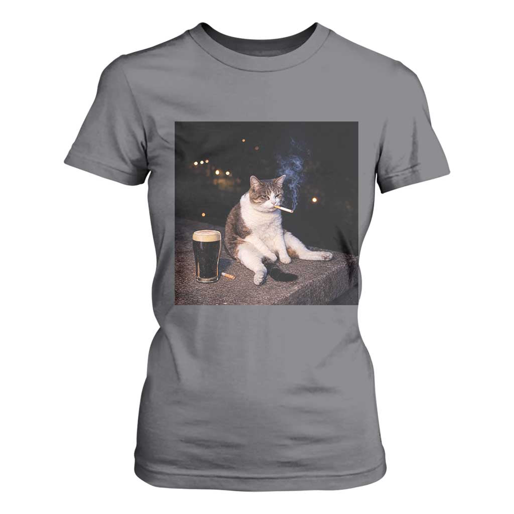 Funny Cigarette And Drinking Irish Stout Beer Cat Meme T Shirt For Women TS11 Charcoal Print Your Wear