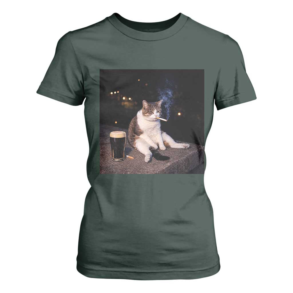 Funny Cigarette And Drinking Irish Stout Beer Cat Meme T Shirt For Women TS11 Dark Forest Green Print Your Wear
