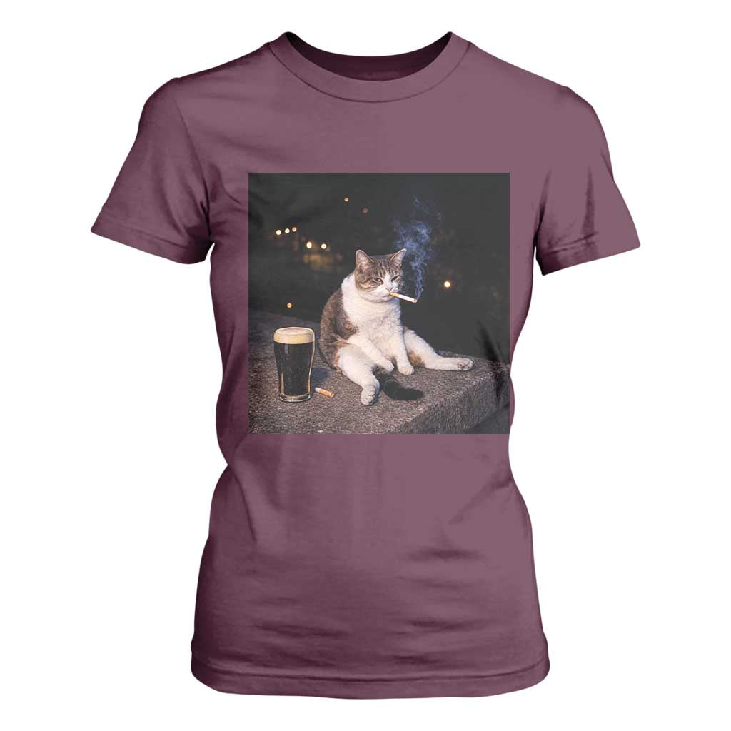 Funny Cigarette And Drinking Irish Stout Beer Cat Meme T Shirt For Women TS11 Maroon Print Your Wear