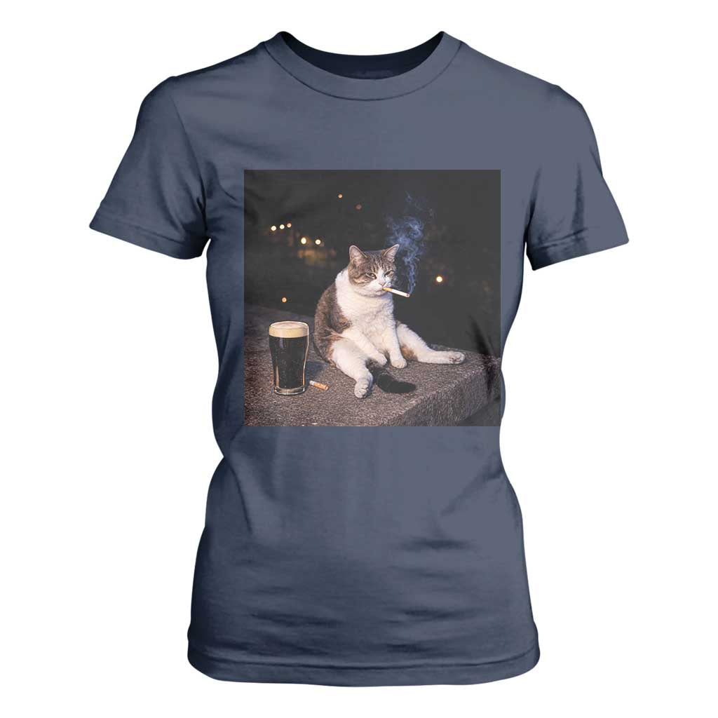 Funny Cigarette And Drinking Irish Stout Beer Cat Meme T Shirt For Women TS11 Navy Print Your Wear