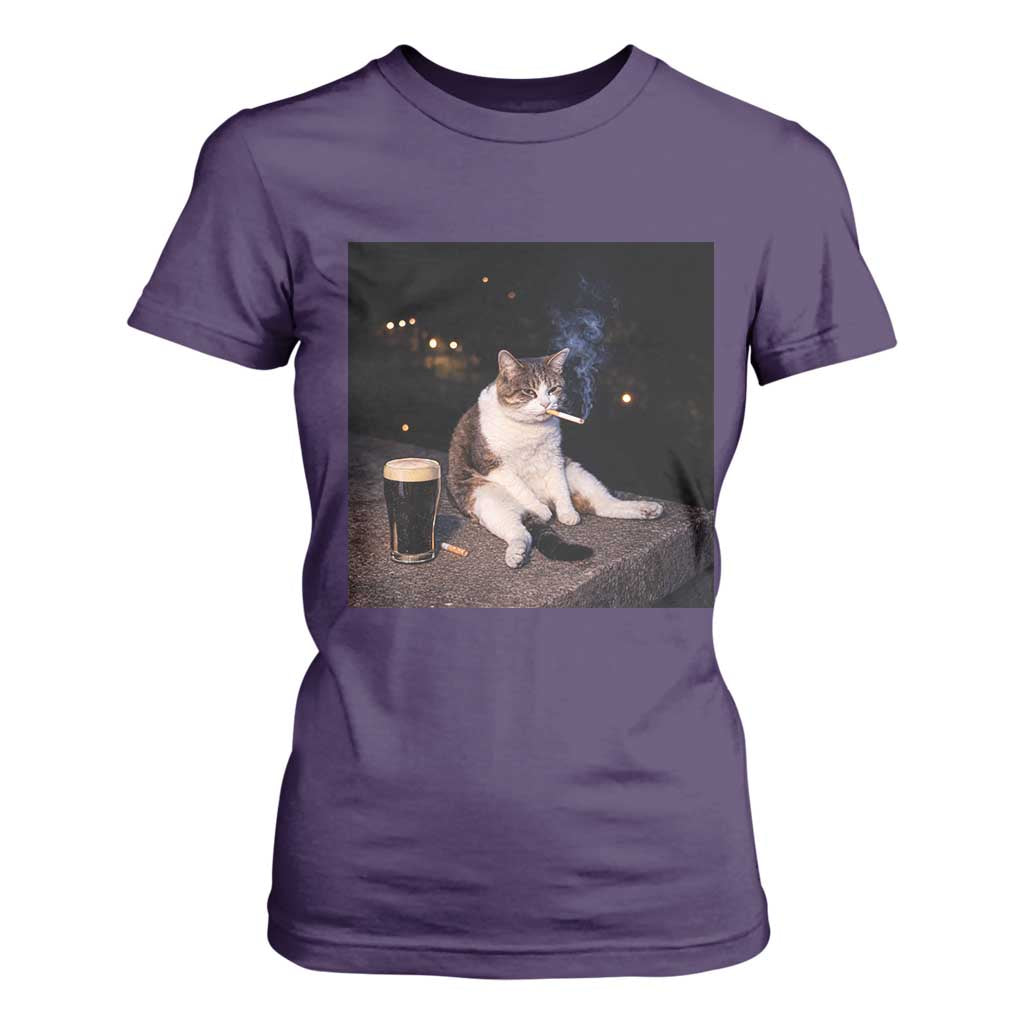 Funny Cigarette And Drinking Irish Stout Beer Cat Meme T Shirt For Women TS11 Purple Print Your Wear