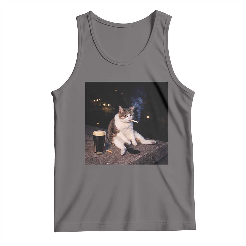 Funny Cigarette And Drinking Irish Stout Beer Cat Meme Tank Top TS11 Deep Heather Print Your Wear
